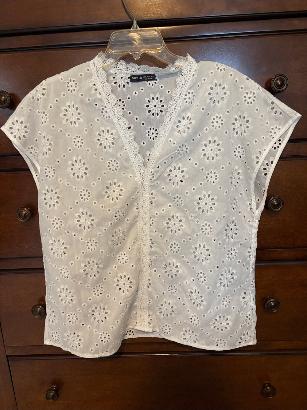 SHEIN White Eyelet Lace V-Neck Blouse